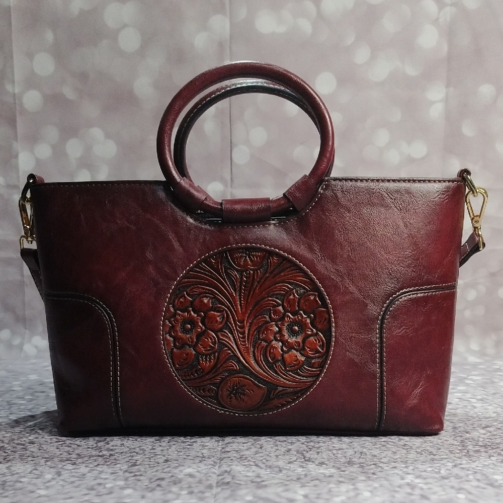 Vintage Chic Burgundy Faux Satchel with Floral Design